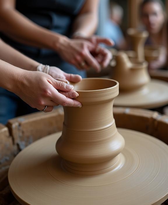 Les artisans de l'Atelier Terre & Ciel travaillant l'argile sur un tour de potier.
