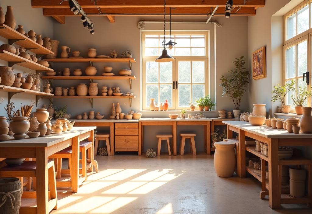 Intérieur ensoleillé de l'atelier de poterie avec des créations sur des étagères.