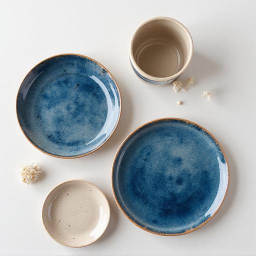 Ensemble d'assiettes en céramique artisanales avec un glaçage bleu et beige.